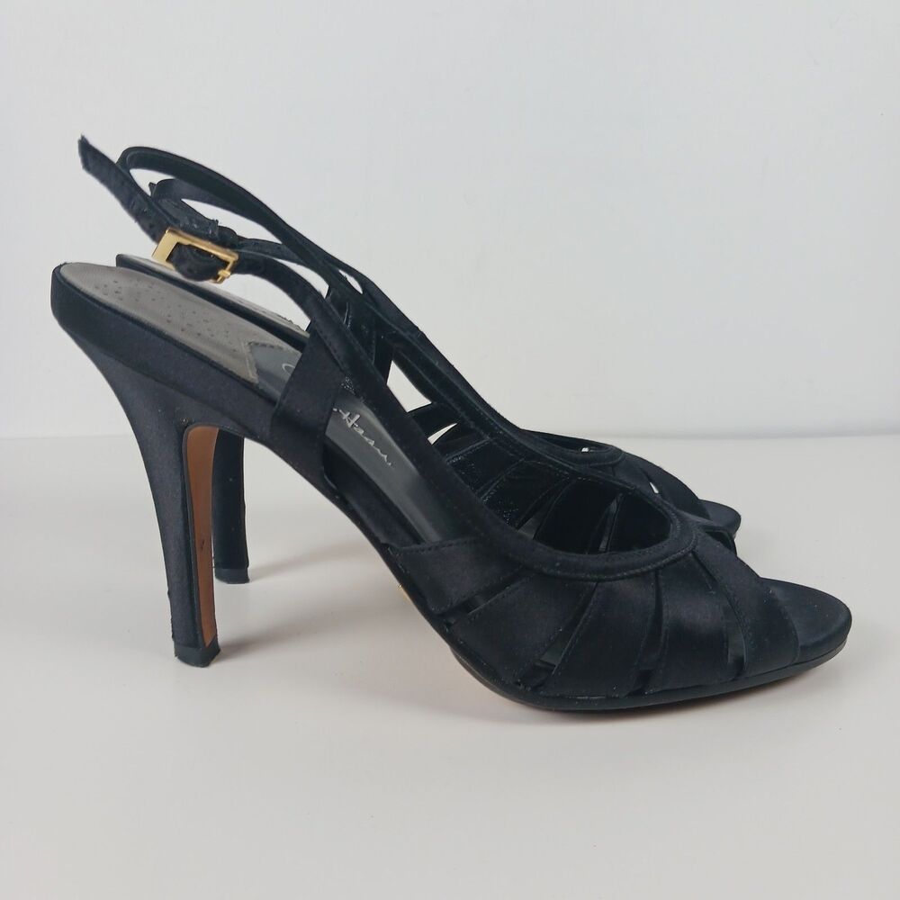 Cole Haan Sari Air Sling Black Satin Size 8.5 Open Toe Heels Air Tech Footbed